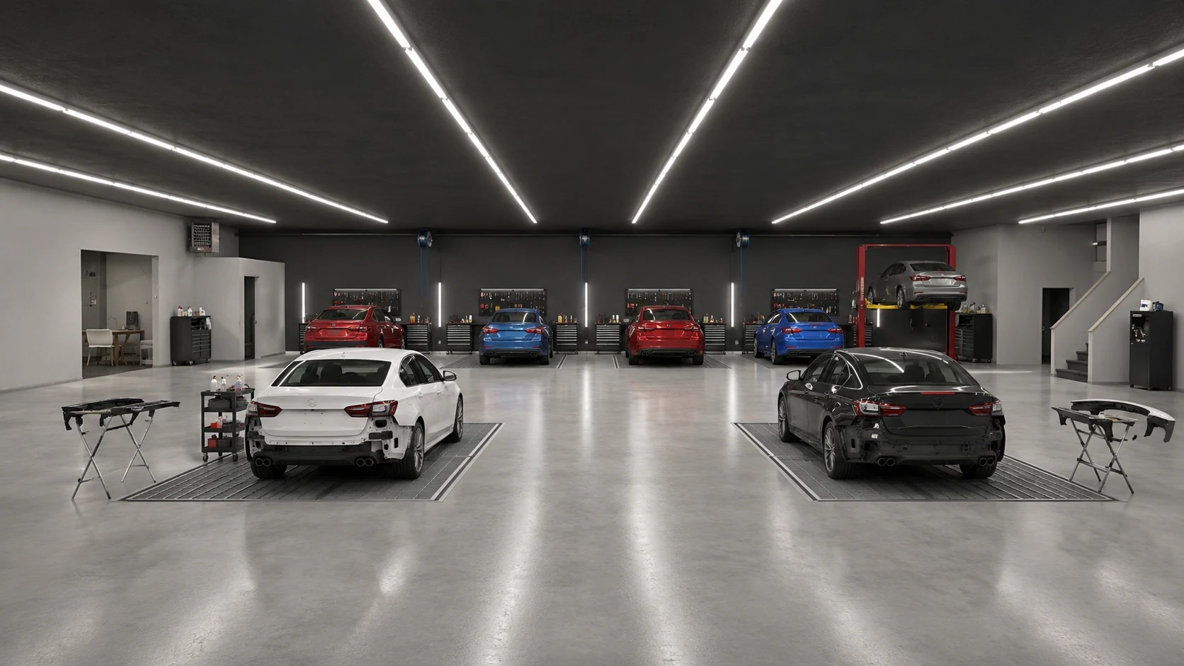 Design rendering of the Apex Collision repair floor with organized work bays and bright overhead lighting
