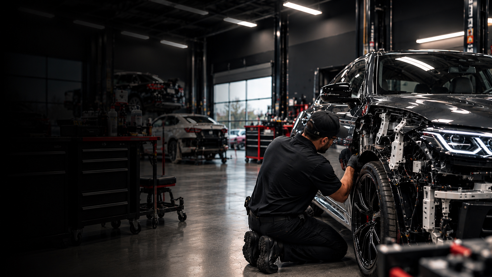 Collision repair technician working on a vehicle in a workshop