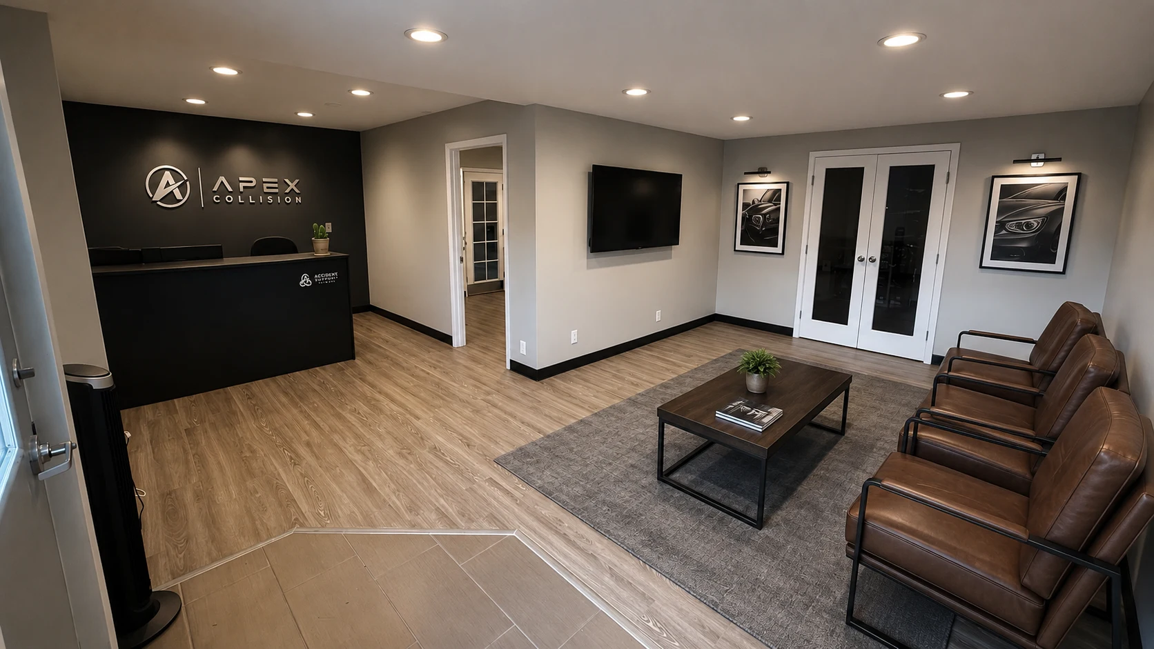 Design rendering of the Apex Collision reception with comfortable seating and a branded front desk